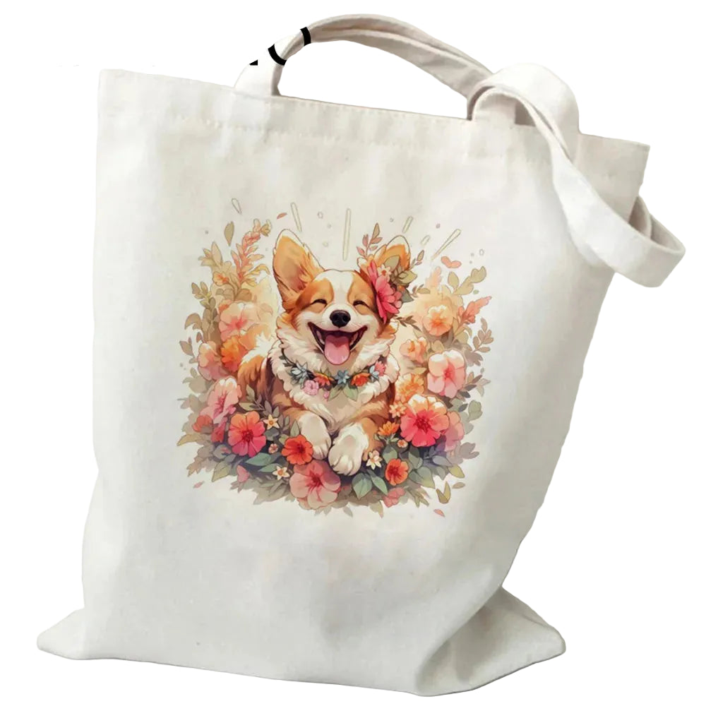 Cream canvas tote bag featuring a smiling Corgi surrounded by colourful floral illustrations
