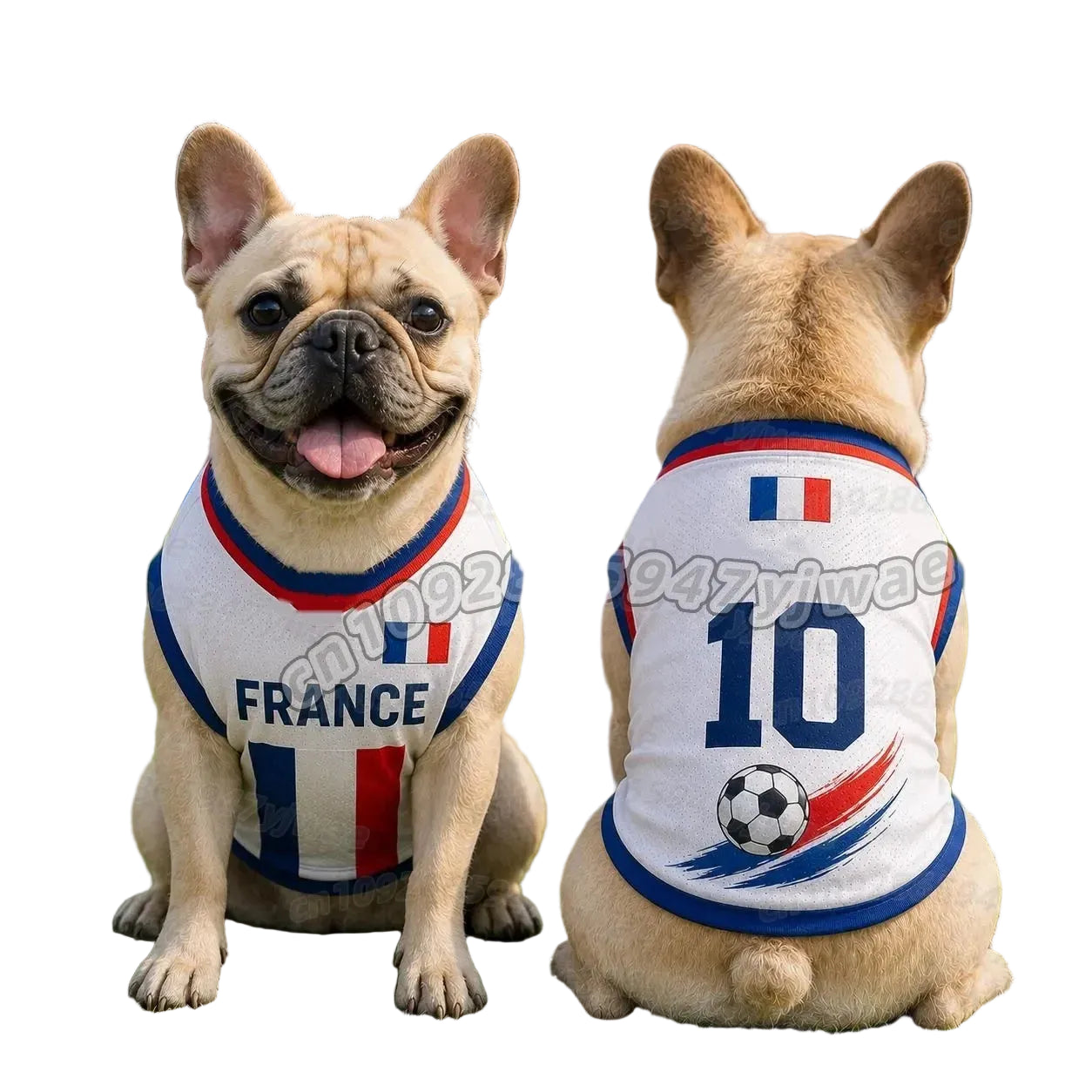 French Bulldog wearing a white France dog soccer jersey with number 10 and football graphic, shown from the front and back