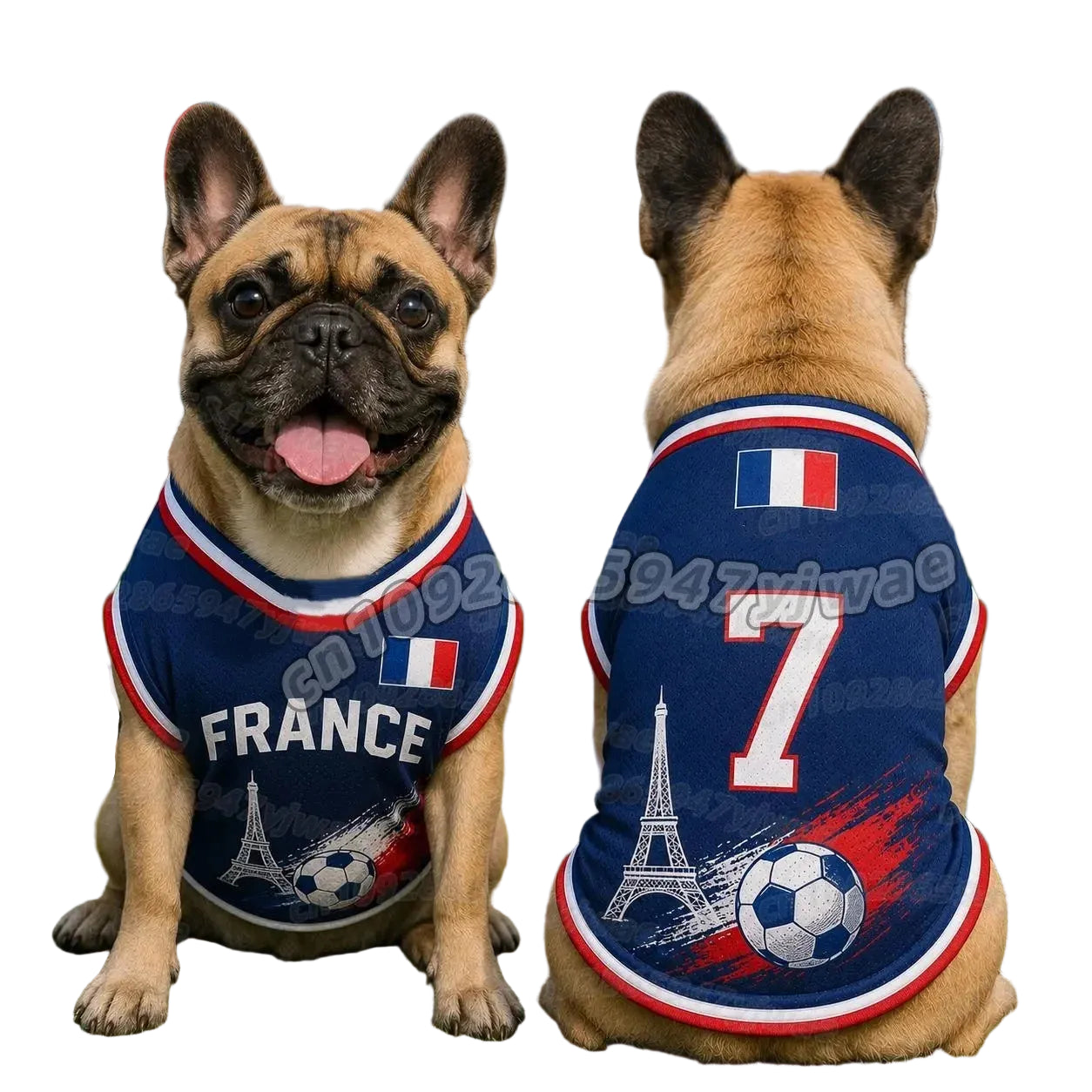 French Bulldog wearing a navy France dog soccer jersey with number 7, Eiffel Tower and football graphic, shown front and back