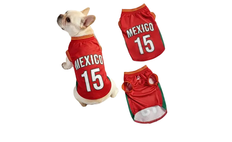 French Bulldog wearing a red Mexico soccer jersey with number 15, shown alongside front and back jersey views