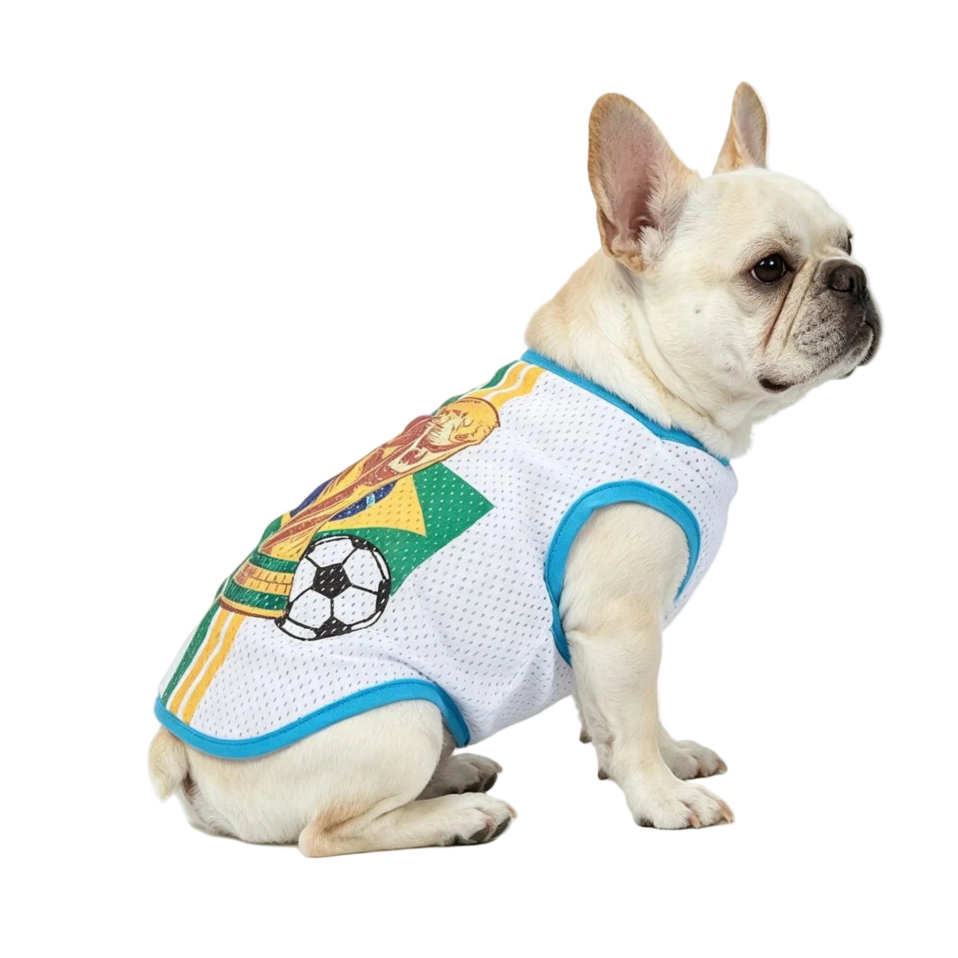 French Bulldog wearing a white and blue soccer dog jersey with football and trophy graphics