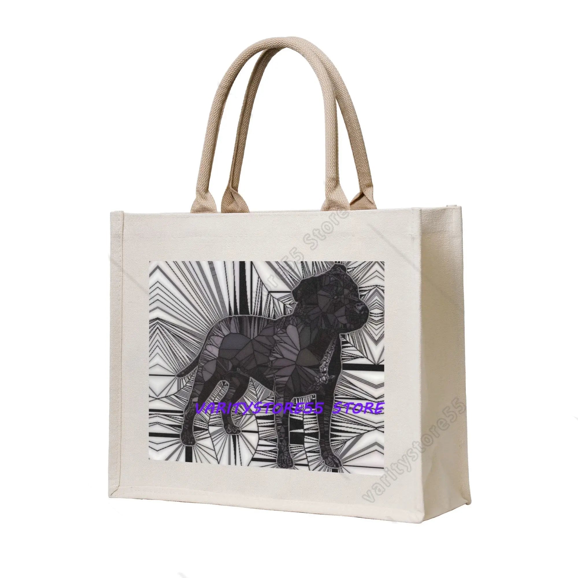 Cream canvas tote bag featuring a geometric black Bull Terrier illustration on a monochrome abstract background