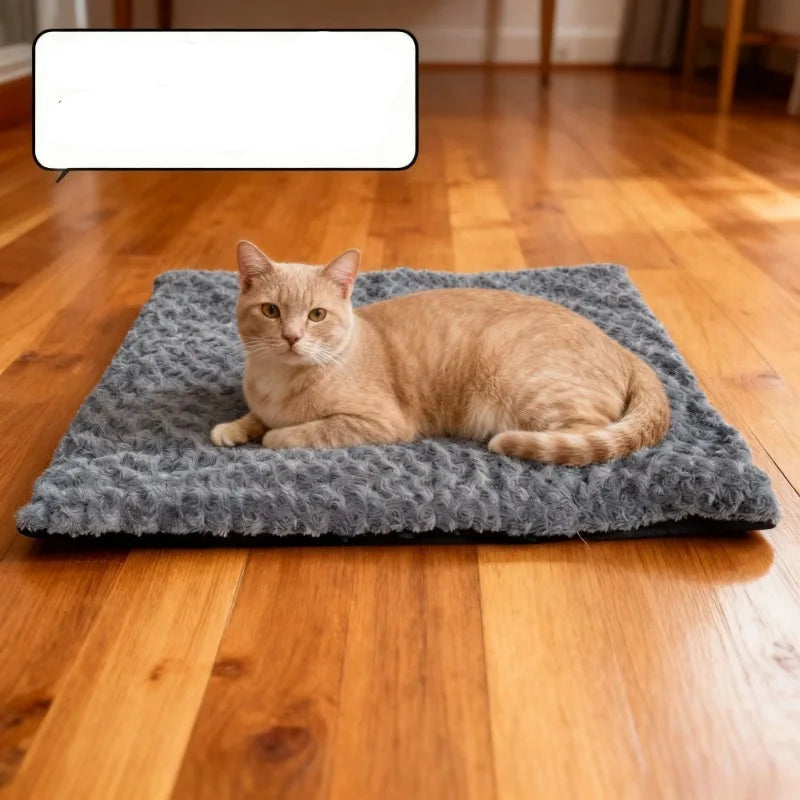 Grey plush self-warming pet mat with soft textured surface and cushioned design