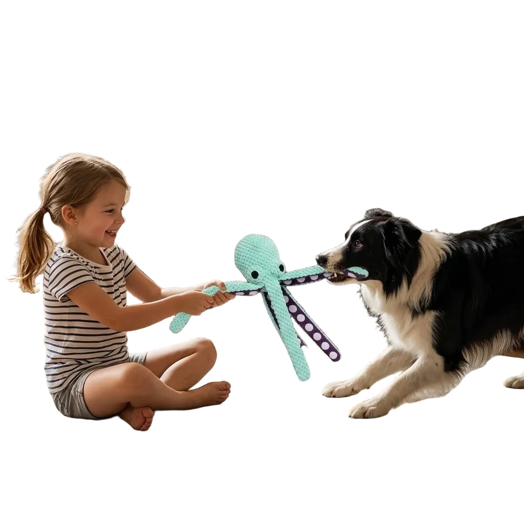 Girl playing tug of war with a dog using a green plush octopus dog toy