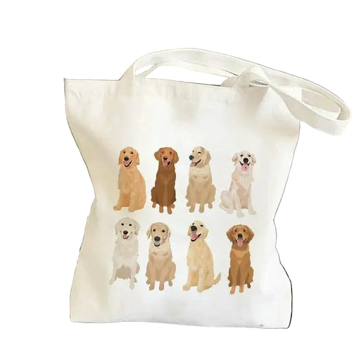 Cream canvas tote bag featuring eight illustrated Golden Retriever dogs in different coat shades