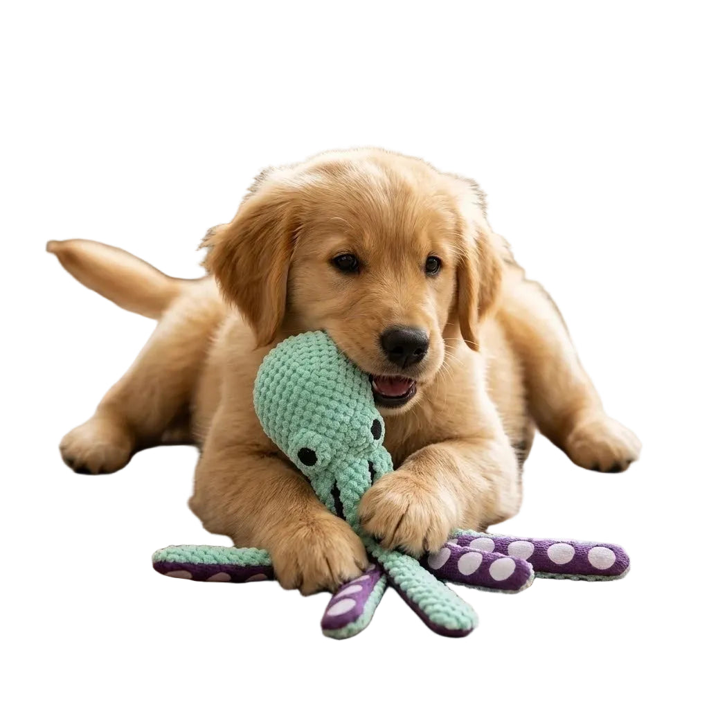 Golden Retriever puppy playing with a green plush octopus dog toy with purple polka dot tentacles
