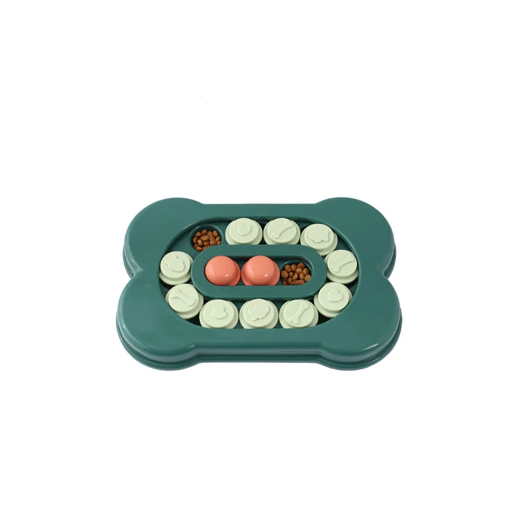 Green bone-shaped interactive dog puzzle feeder with sliding treat compartments and dry dog food
