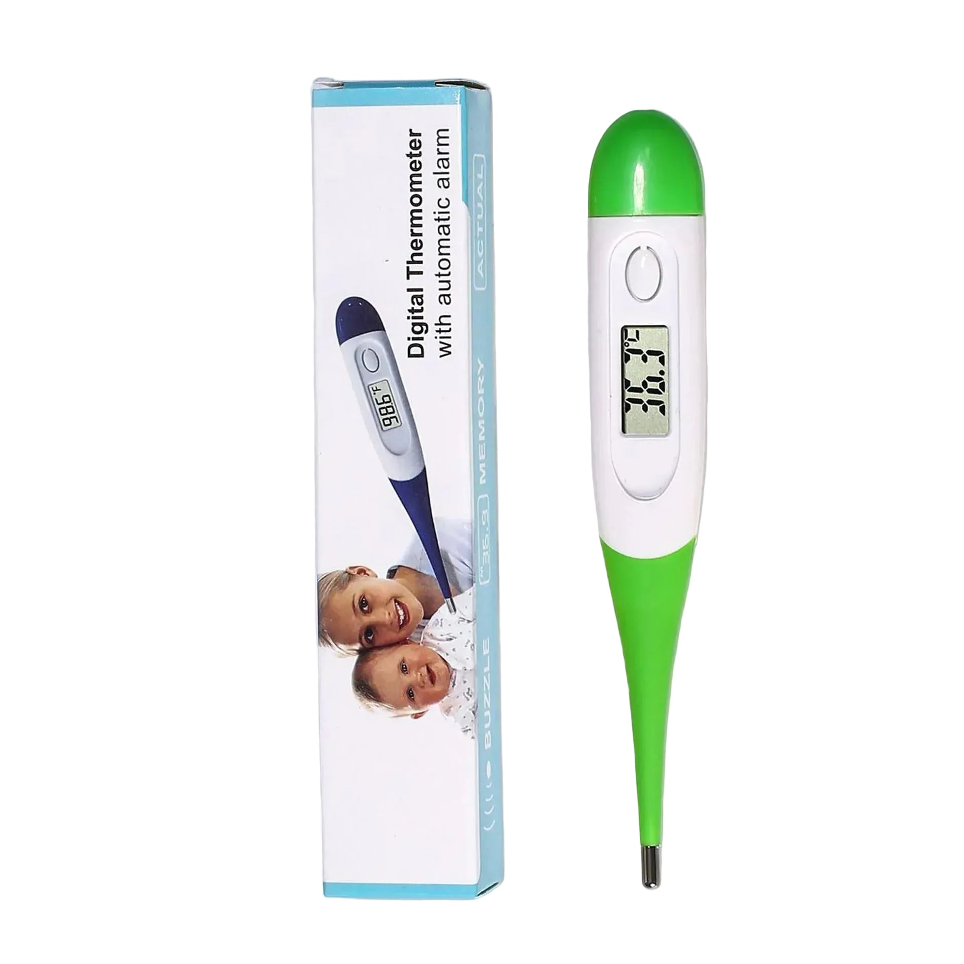 Green and white digital thermometer with LCD display and automatic alarm beside its product packaging.