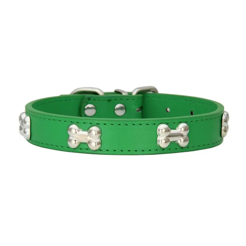 Colourful dog collars in pink, yellow, blue, black, orange, green, red and other colours with silver bone-shaped studs