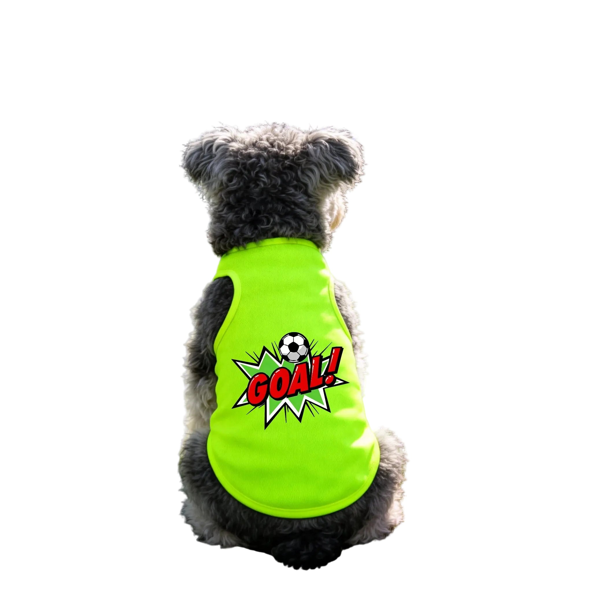 Small dog wearing a bright green dog shirt with a soccer ball and GOAL graphic on the back