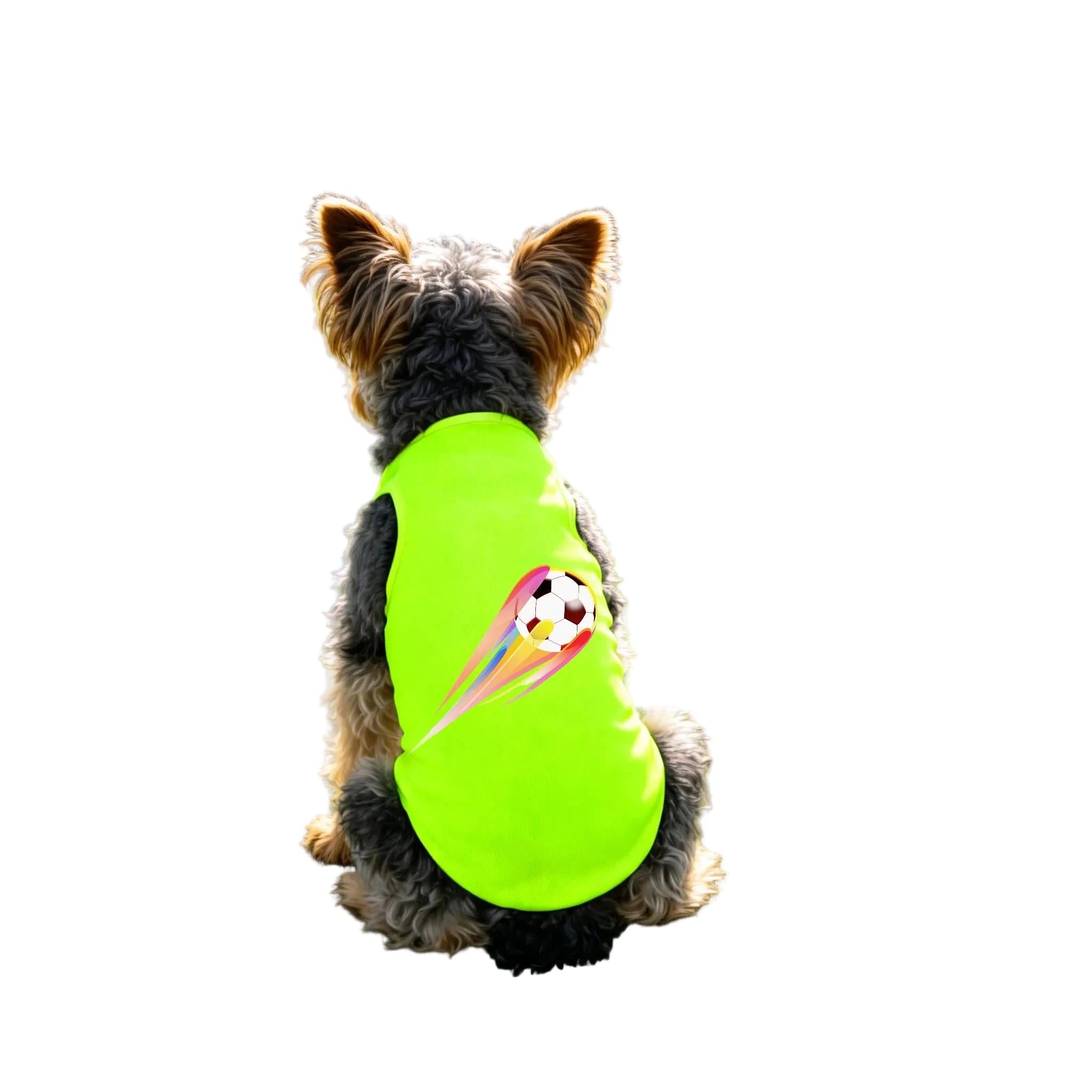 Small dog wearing a bright green dog shirt with a colourful soccer ball graphic on the back