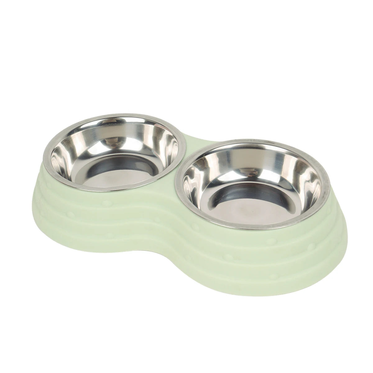 Light green double pet bowl set with two stainless steel bowls for dog or cat food and water