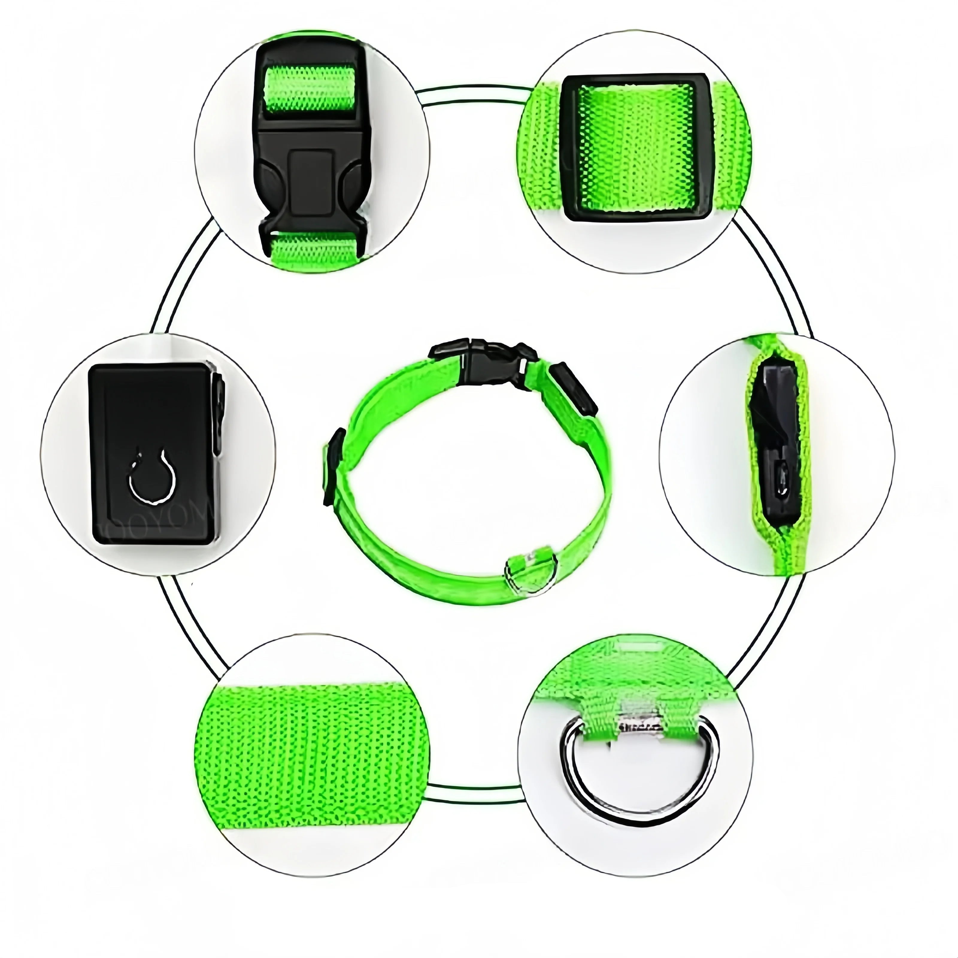 Green reflective dog collar with adjustable buckle and metal D-ring for leash attachment