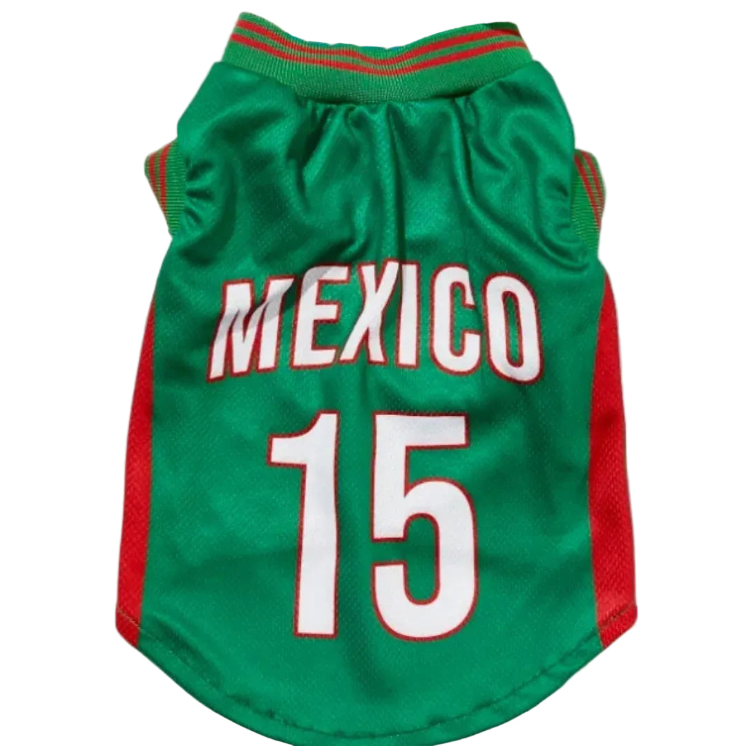 Green Mexico dog soccer jersey with red side panels and number 15 printed on the back