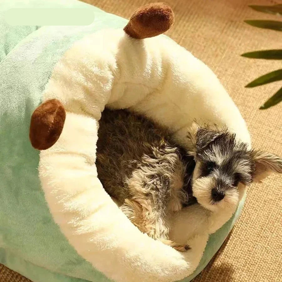 Green plush covered pet bed with soft cream lining and playful antennae design for cats and small dogs