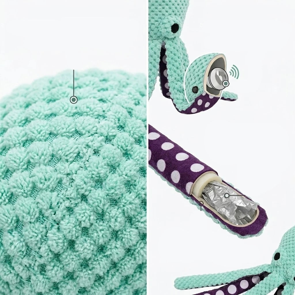 Green plush octopus dog toy showing textured fabric, built-in squeaker and crinkle-filled tentacles