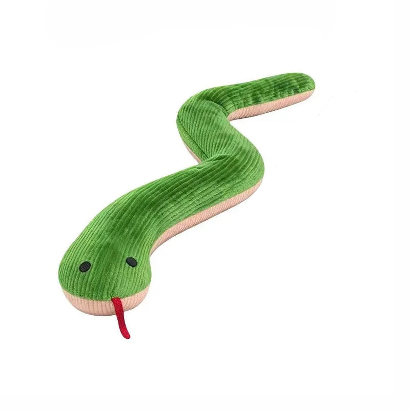 Green plush snake dog toy with ribbed fabric, soft body and red tongue
