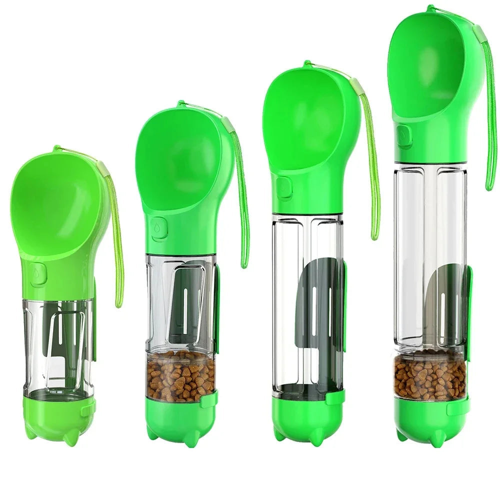 Green portable dog water and food dispenser shown in multiple views with built-in drinking bowl, clear storage chamber and dry food compartment
