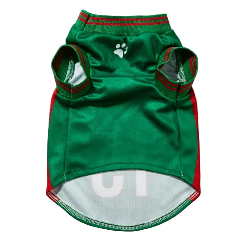 Green and red Mexico dog soccer jersey with paw print detail and sleeveless design