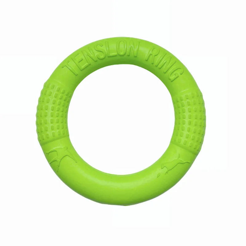 Green ring-shaped dog chew toy with textured grip sections for chewing and interactive play