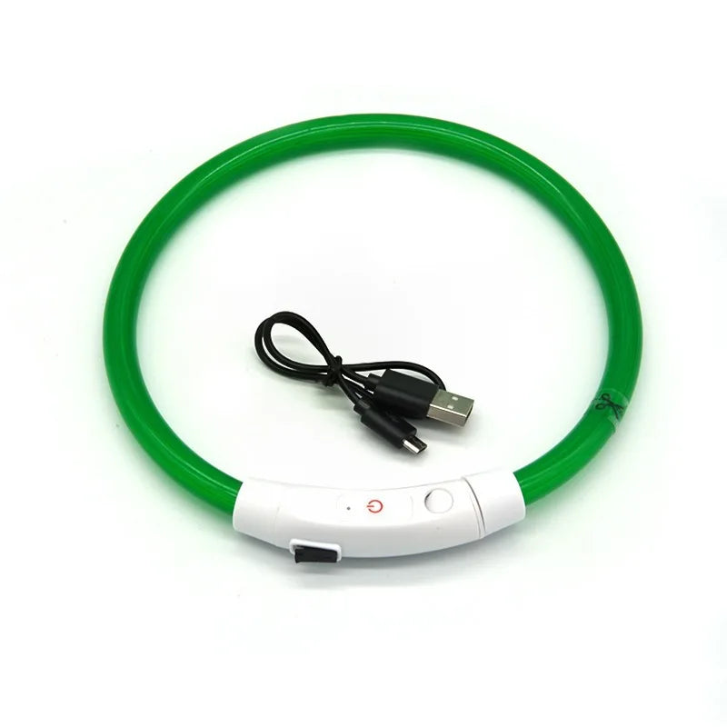 Green USB rechargeable LED dog collar with illuminated tube, power switch and charging cable