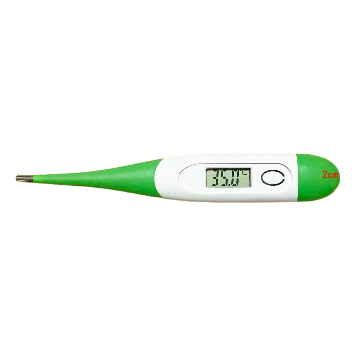 Green and white digital pet thermometer with LCD temperature display, power button and metal probe tip