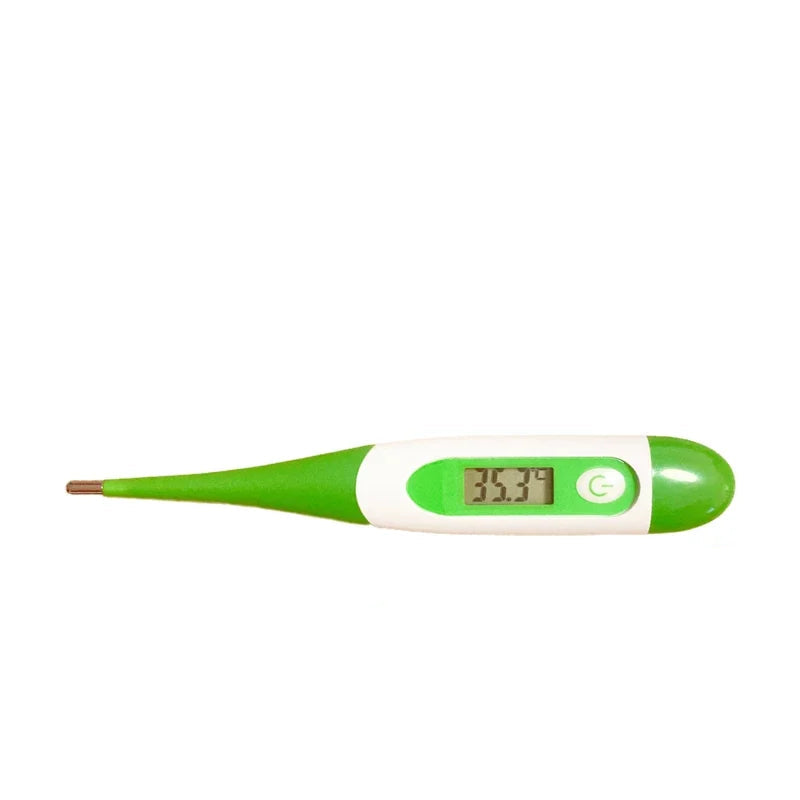 Green and white digital pet thermometer with LCD temperature display, power button and metal probe tip