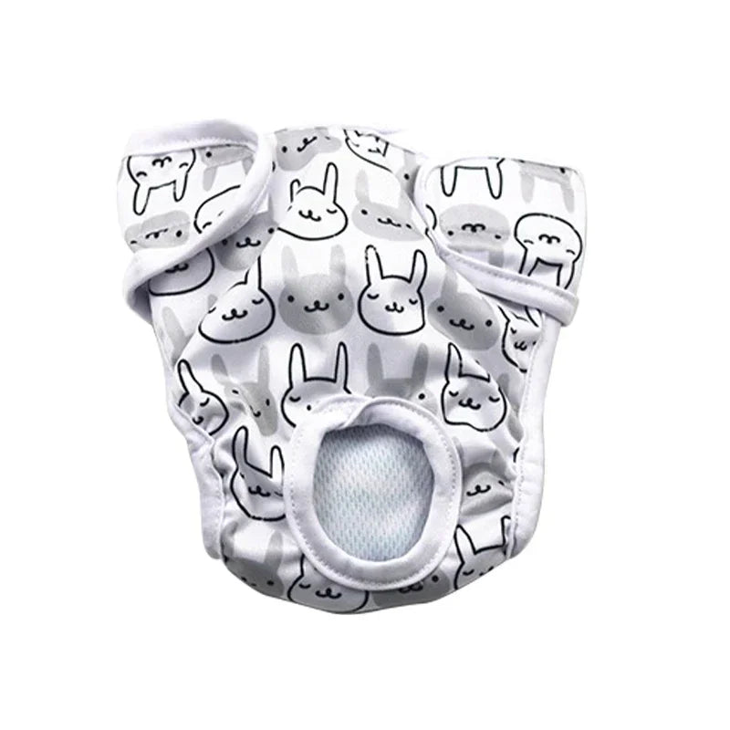 Grey and white reusable female dog diaper with bunny print, tail hole and adjustable hook-and-loop fastening