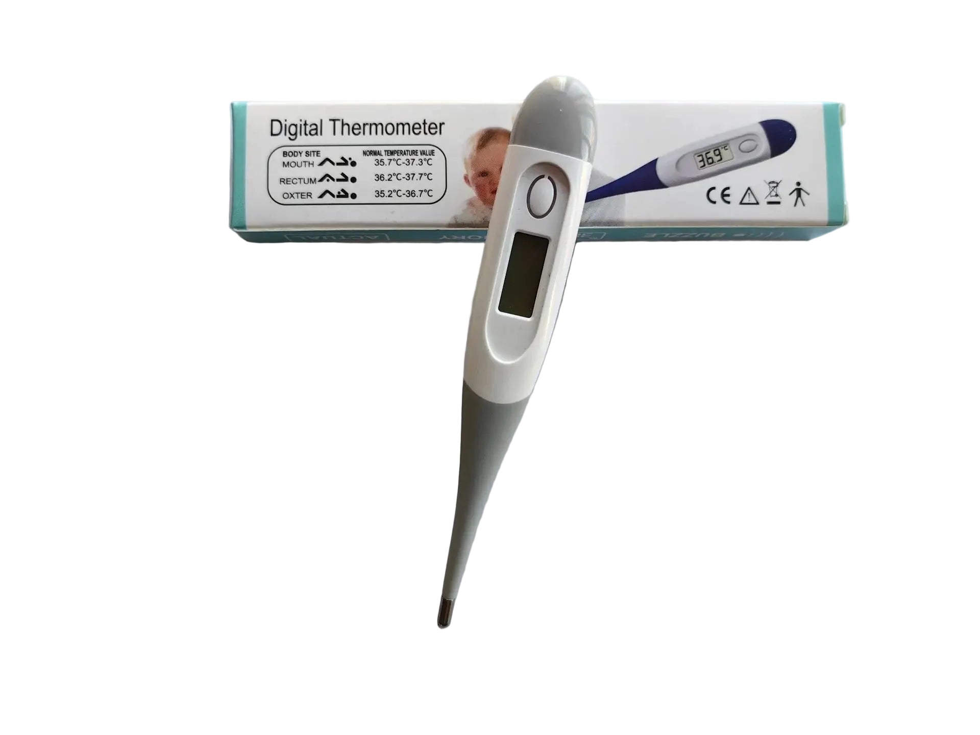 Grey and white digital thermometer with LCD display shown in front of its product packaging