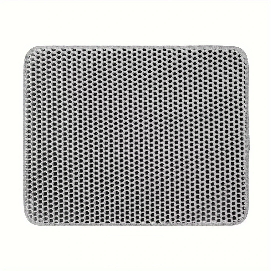 Grey rectangular pet mat with perforated non-slip surface and rounded corners