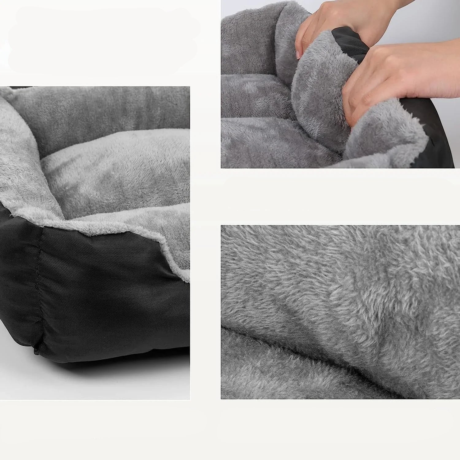 Large dog resting on a grey bolster dog bed with soft plush lining, raised sides and multiple colour options