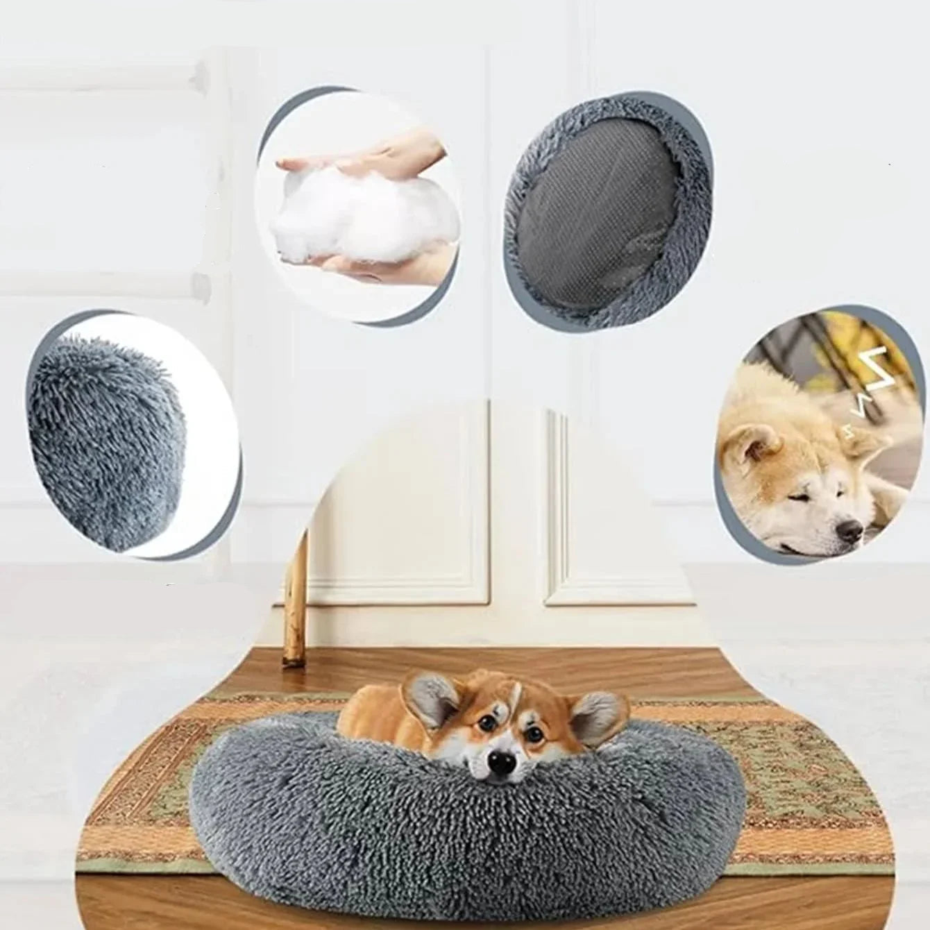Corgi resting in a grey plush donut dog bed with soft filling, non-slip base and raised cushioned sides