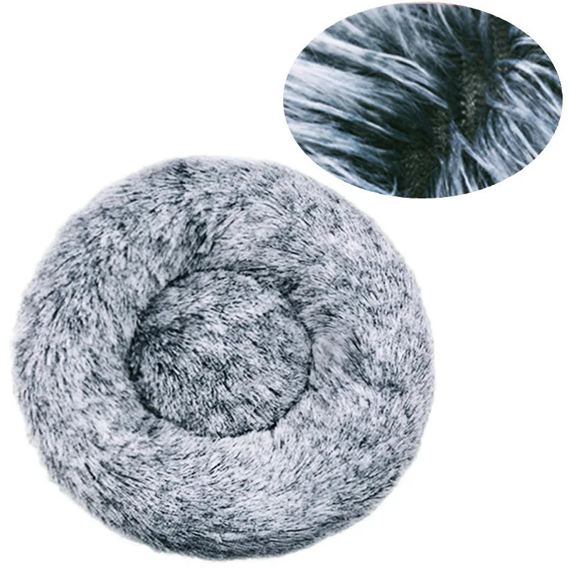 Grey round plush donut pet bed with soft faux fur and raised cushioned sides for cats and small dogs