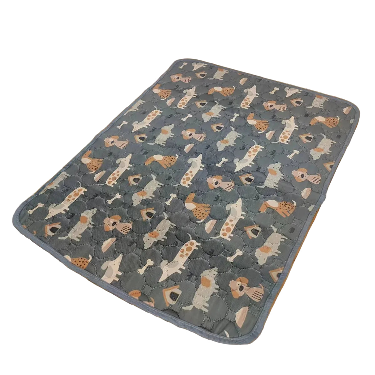 Grey quilted dog bed mat with cartoon dog and bone pattern, padded surface and rounded corners