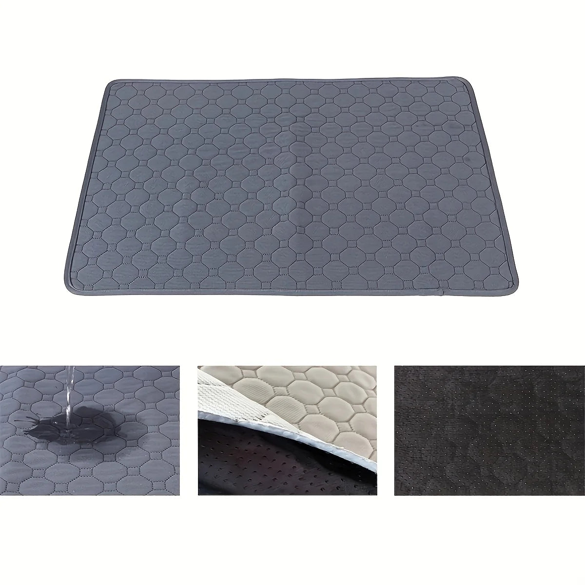 Grey quilted dog bed mat showing a water-resistant padded surface and black non-slip backing