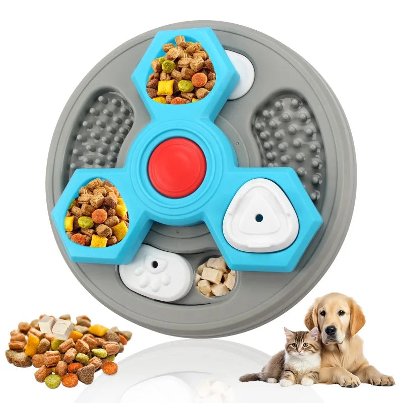 Grey and blue rotating puzzle feeder with treat compartments for dogs and cats, shown with dry pet food