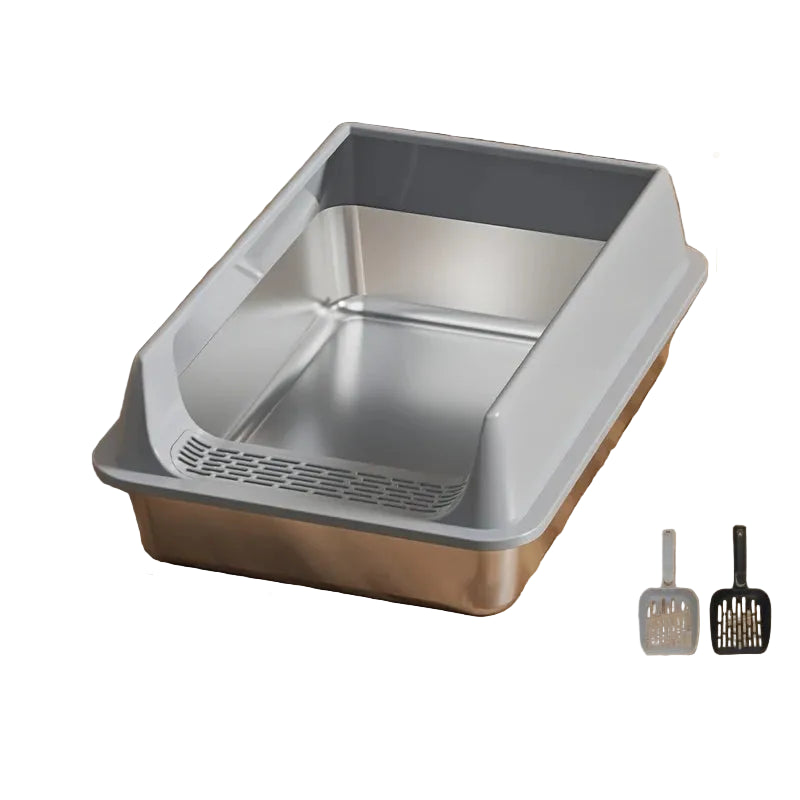 Grey high-sided stainless steel cat litter box with low front entry and two litter scoops