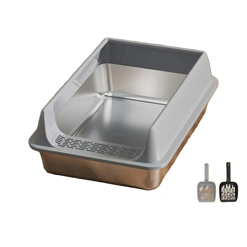 Grey stainless steel cat litter box with high sides, low front entry and two litter scoops