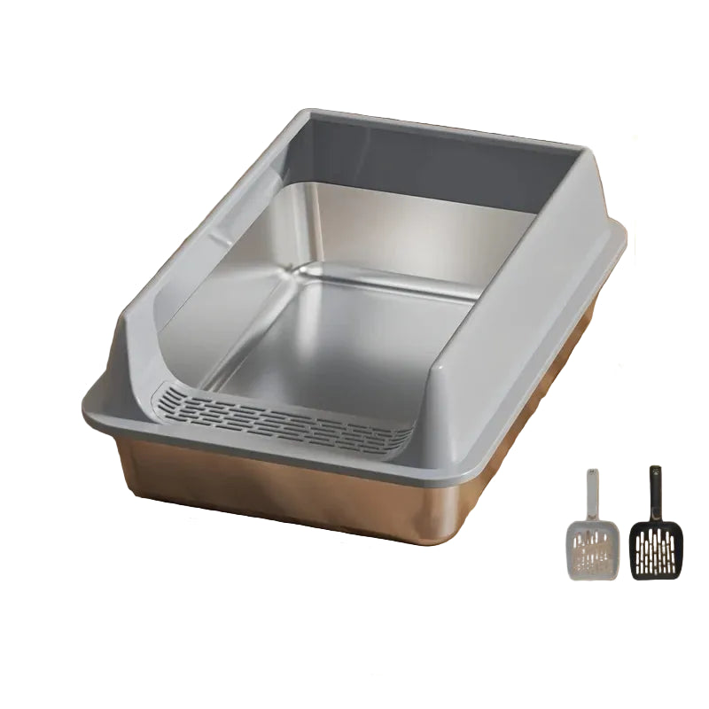 Grey stainless steel cat litter box with high sides, low front entry and two litter scoops