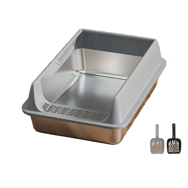 Grey stainless steel cat litter box with high sides, low front entry and two litter scoops