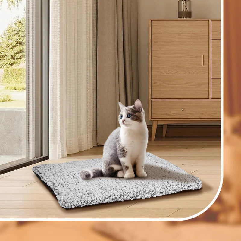 Grey and white cat sitting on a soft self-warming pet mat on a wooden floor indoors