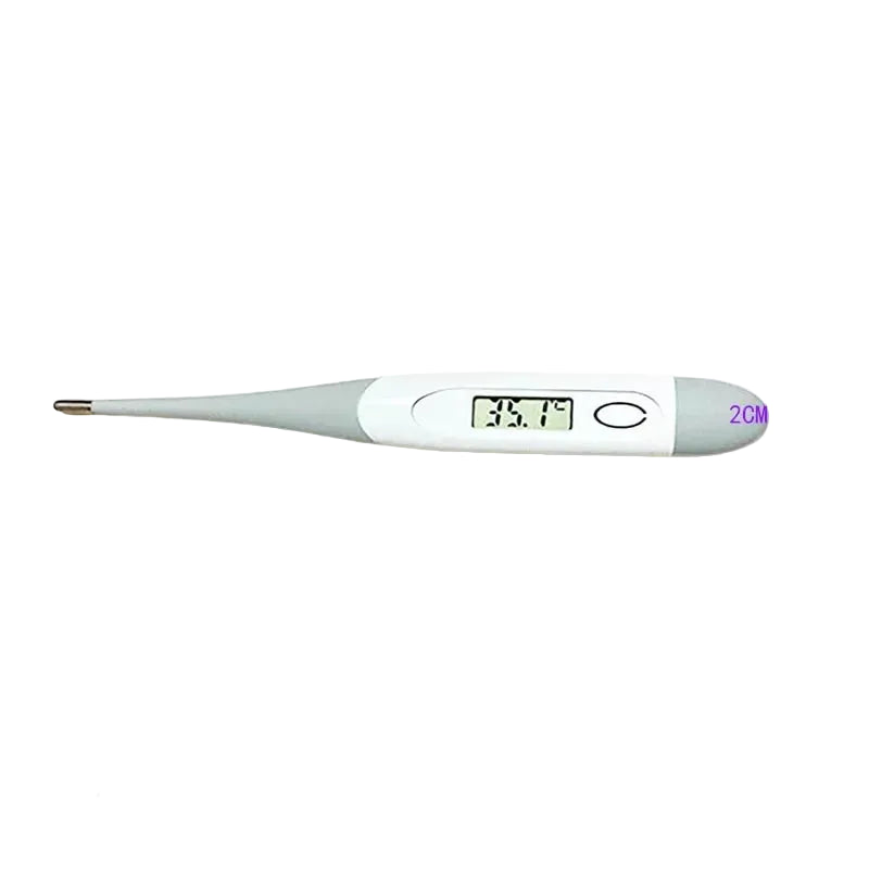 Grey and white digital pet thermometer with LCD temperature display, power button and metal probe tip