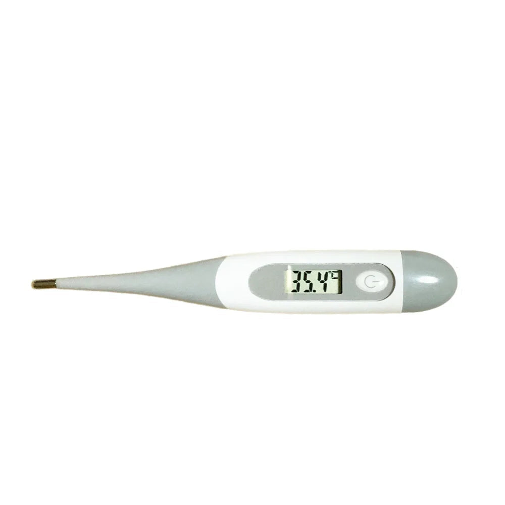 Grey and white digital pet thermometer with LCD temperature display, power button and metal probe tip