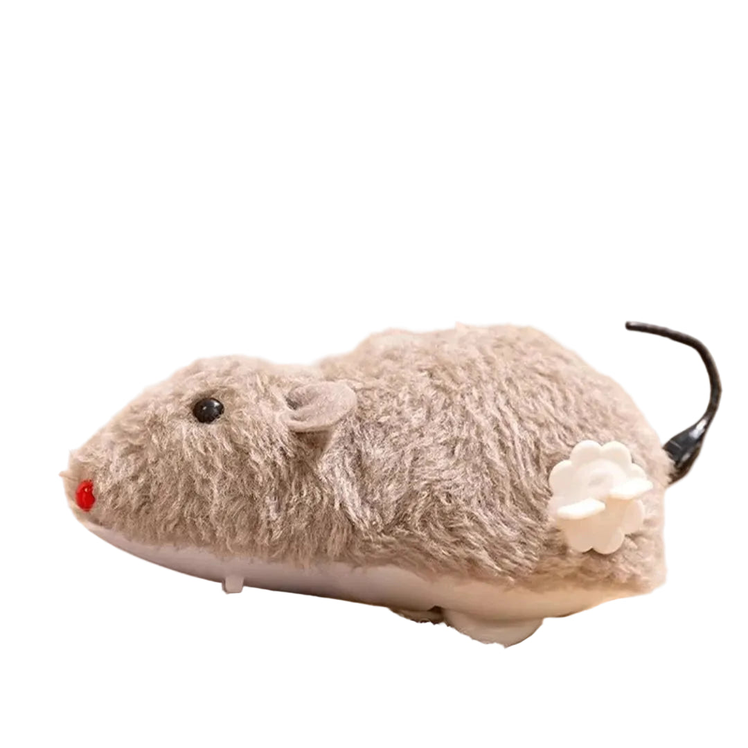 Grey plush wind-up mouse cat toy with black tail, red nose and white winding key