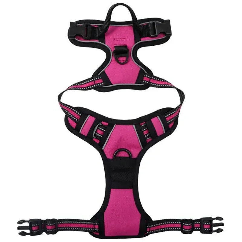 Hot pink and black adjustable dog harness with reflective straps, padded panels, grab handle and leash attachment rings