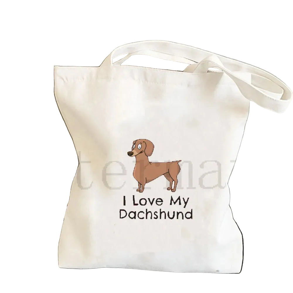 Cream canvas tote bag featuring a cartoon Dachshund with the phrase I Love My Dachshund