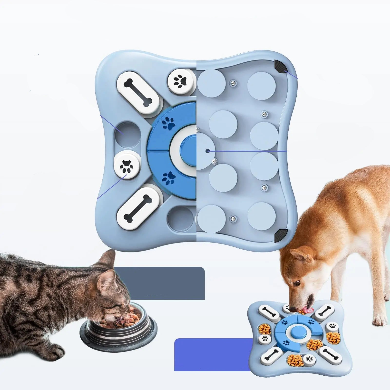 Blue interactive puzzle feeder for dogs and cats with sliding treat compartments and food rewards