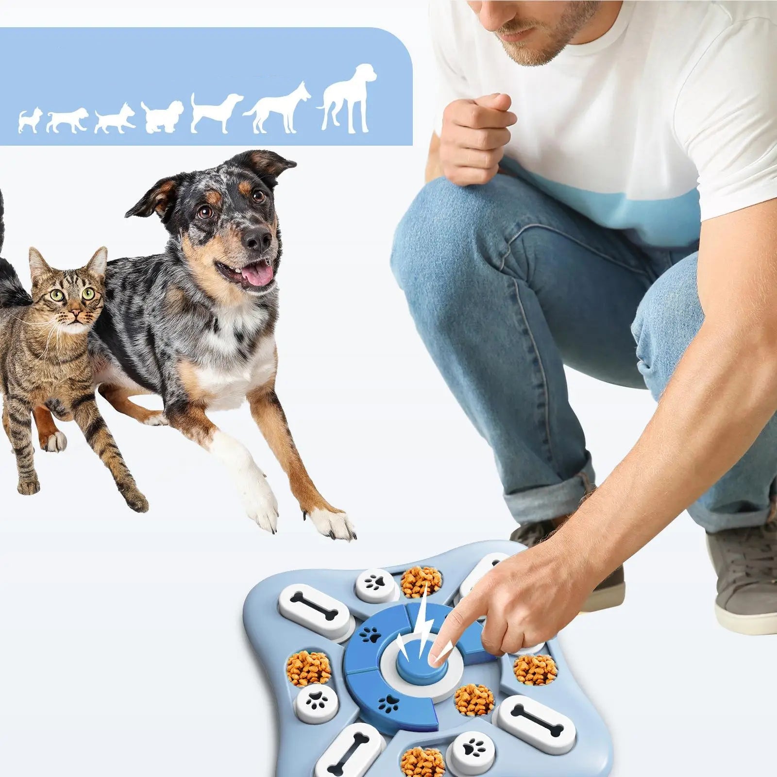 Interactive puzzle feeder for dogs and cats with treat compartments and push button for enrichment training