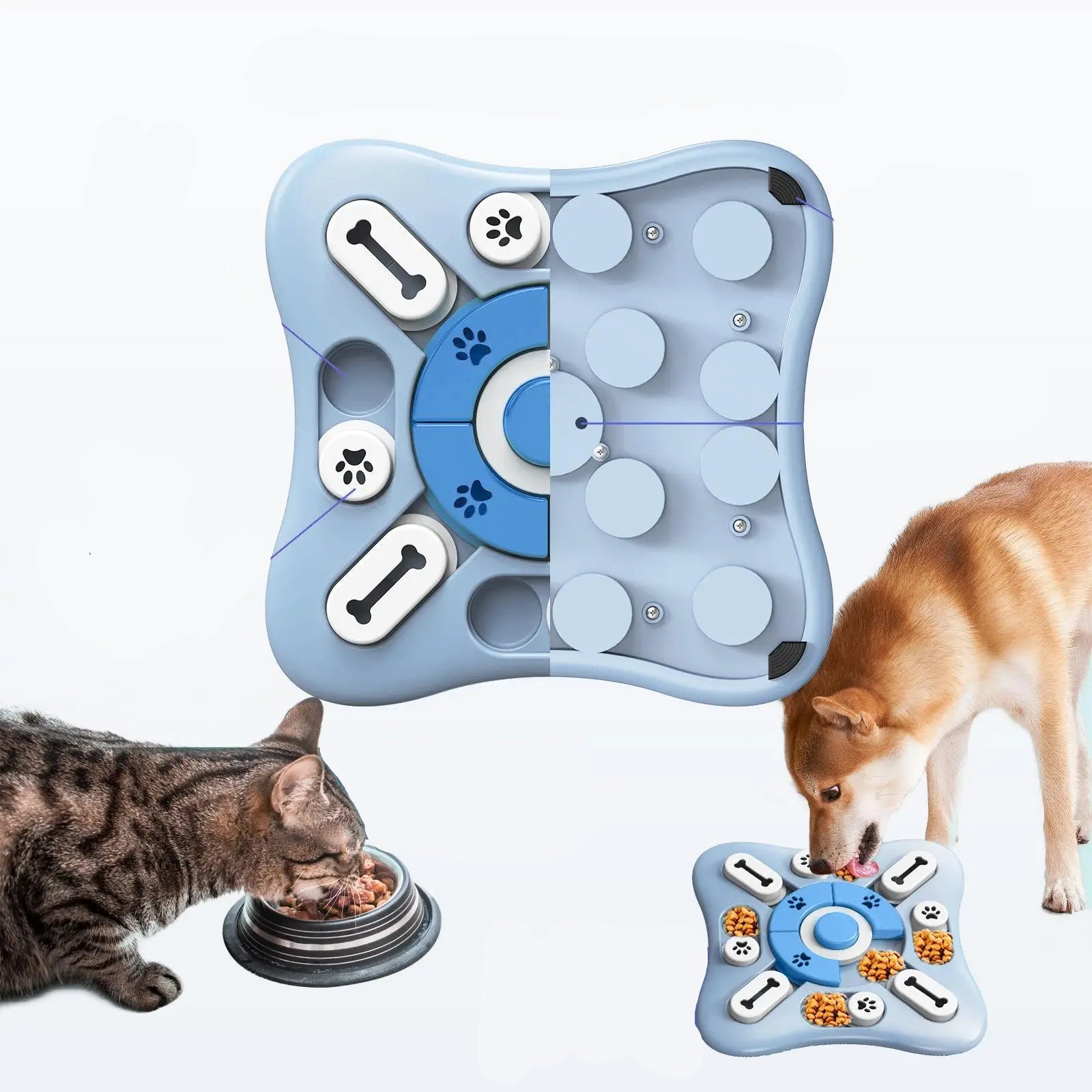 Interactive blue puzzle feeder for dogs and cats with hidden treat compartments and sliding pieces
