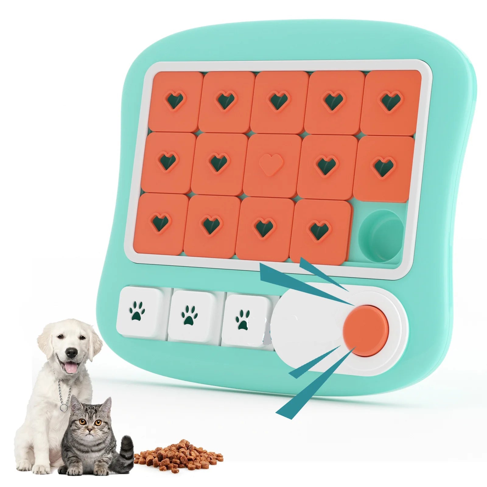 Interactive puzzle treat toy for dogs and cats with sliding compartments, buttons and dry kibble